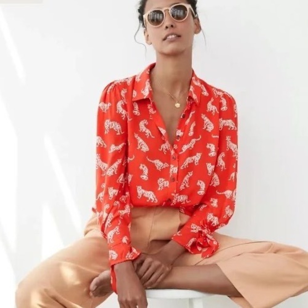 Anthropologie x Margaret Jeans Tiger Print Blouse Orange Sz 0 Tie Long Sleeve